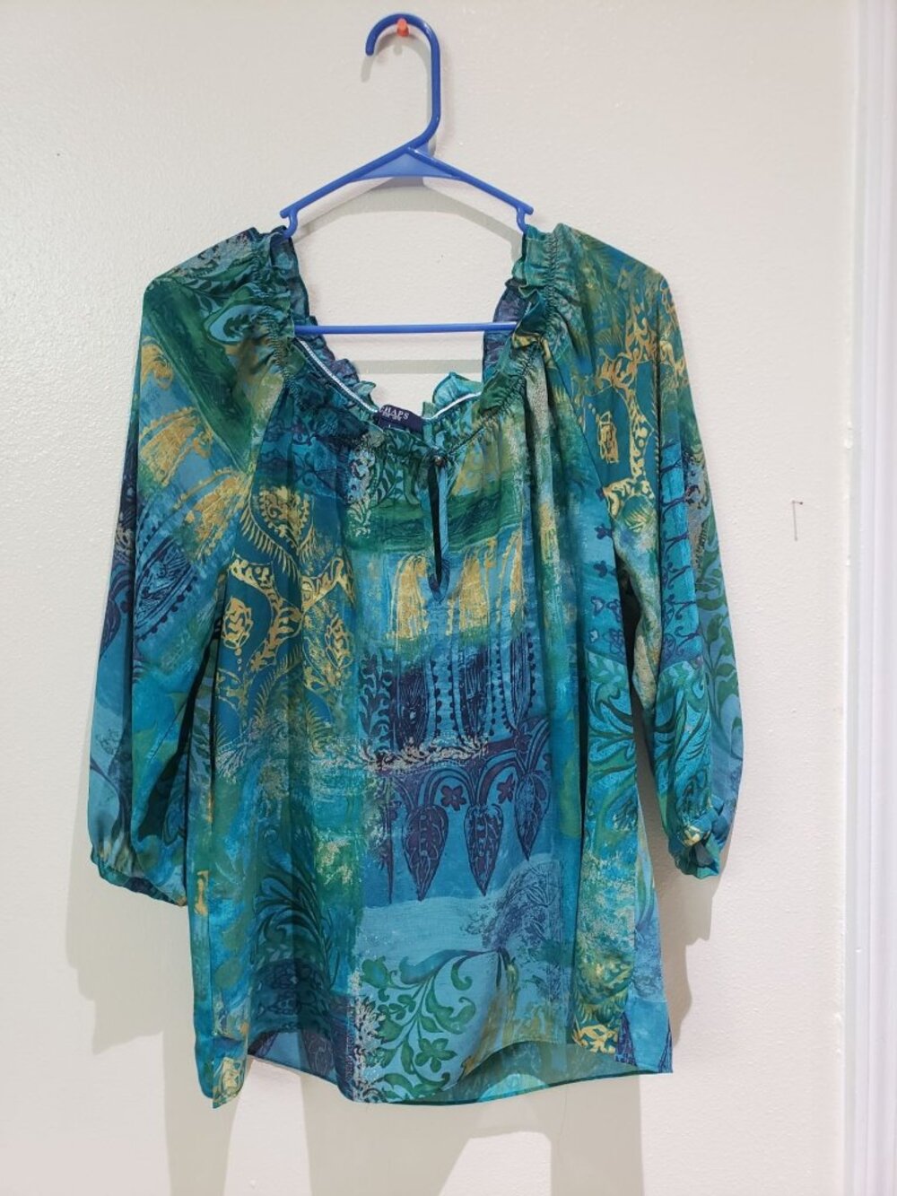 Chaps blue teal paisley sheer top, pullover, blouse, size L